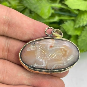 Ancient Agate Intaglio Pendant: Near Eastern Animal Design, Brass Setting
