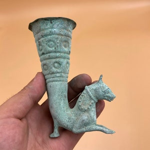 Amazing Rare Ancient Bronze Rhyton Vessel In The Form Of A Horse Animal , Ancient Bronze Vessel, Collectable Bronze Rhyton