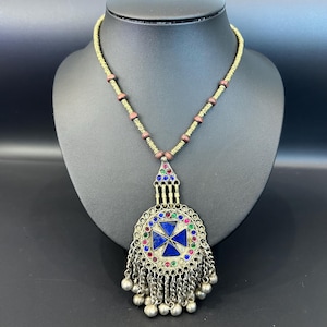 Vintage Afghan Brass Necklace: Ethnic Tribal Jewelry with Multi-Color Glass
