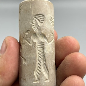 Rare Near Eastern Ancient Stone Beautifully Carved Rare Cylinder Seal Bead With Impression, Authentic Cylinder Bead