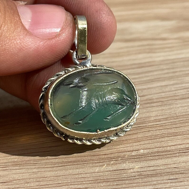 Ancient Near Eastern Old Agate Stone Animal Engravings Brass Lovely