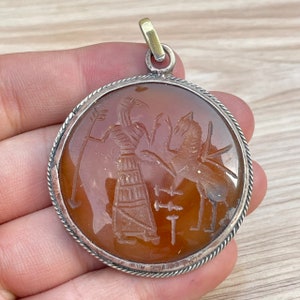 Ancient Near Eastern Agate Stone Engraved Brass Pendant