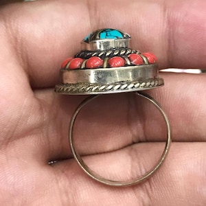 Vintage Coral & Turquoise Adjustable Ring - Silver Plated