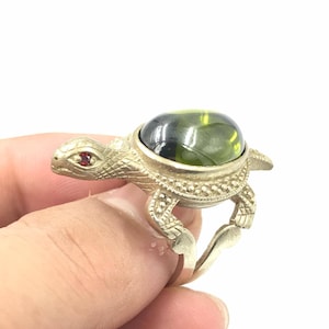 Lovely Antique Old Near Eastern Silver Plated Tortoise Ring With Excellent Natural Naga Gem On The Top Ring