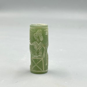 Excellent Near Eastern Ancient Jade Stone Beautifully Carved Rare Cylinder Seal Bead With Impression, Authentic Cylinder Bead