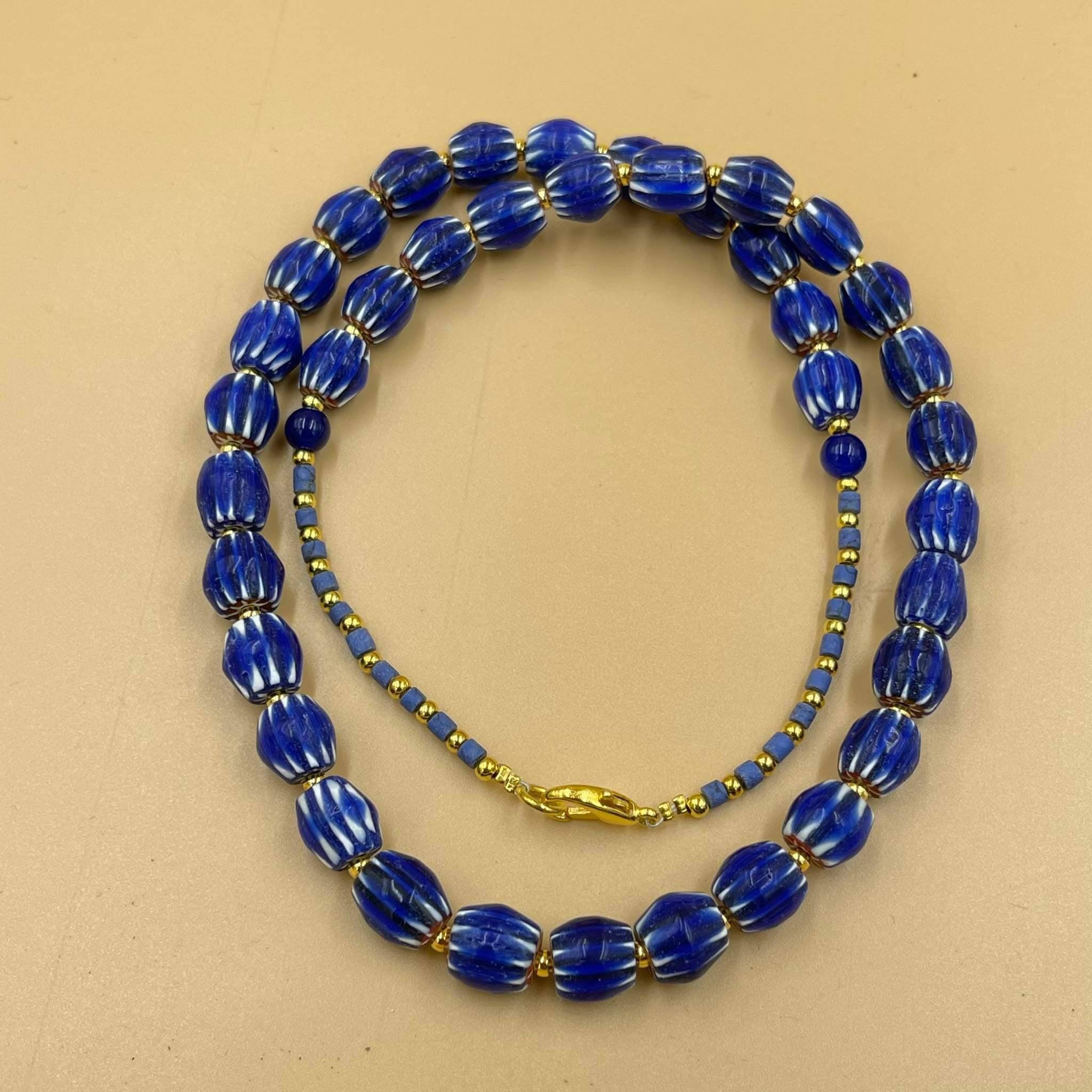 Wonderful Vintage Venetian Trade Old African Blue Color Glass Layer Chervons Beads With Old Lapis Lazuli Stone Beads Rare Necklace