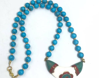 Lovely 8 mm Turquoise Stone Beads and yellow brass beads Necklace with wonderful big pendant