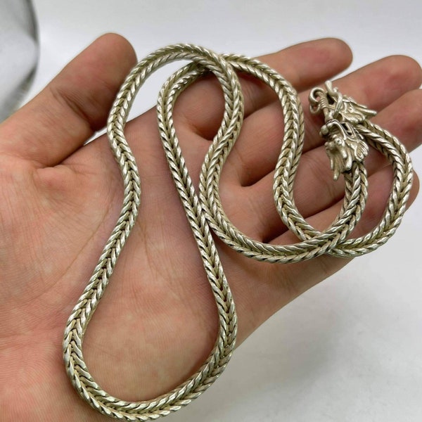 Unique Vintage Antique Tibetan Silver Twisted Necklace With 2 Drogon Heads