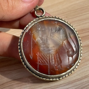 Ancient Near Eastern Agate Pendant: Engraved Brass Setting