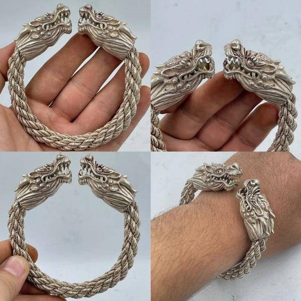 Excellent Ancient Old Viking Style Silver Twisted Adjustable Bracelet With 2 Dragon Heads