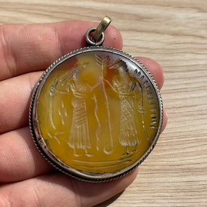 Ancient Agate Stone Pendant: Engraved Brass, Near Eastern Wearable Art