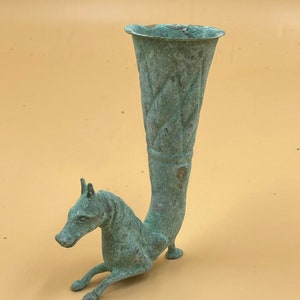 Spectacular Rare Ancient Bronze Rhyton Vessel In The Form Of A Horse Animal , Ancient Bronze Vessel, Collectable Bronze Rhyton