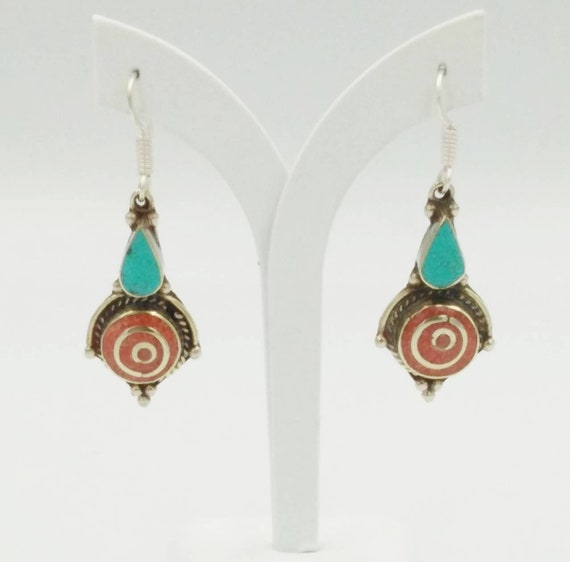 Tibetan Turquoise & Red Coral Earrings: Bohemian Brass Vintage 
