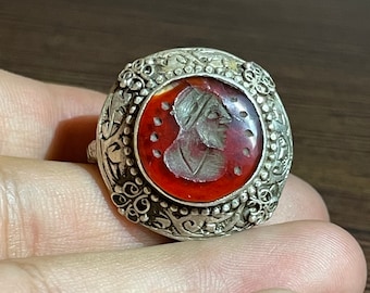 Antiker römischer Karneol Intaglio Ring: Massiv Silber Königsgesicht Siegel