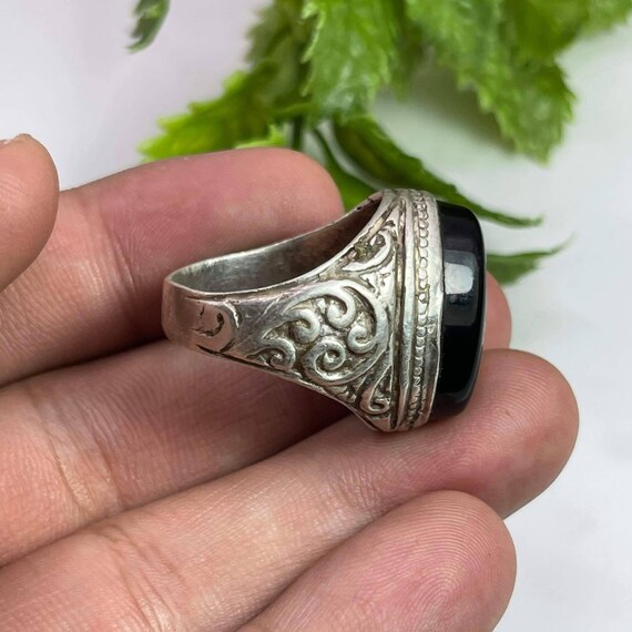 Bague Ancienne En Argent Massif Avec Pierre Noire - Taille 50 - Vintage Occasion - Quelques Usures