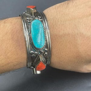 Vintage Tibetan Nepalese Cuff Bangle Bracelet With Turquoise Stone Coral And Lapis lazuli Stone