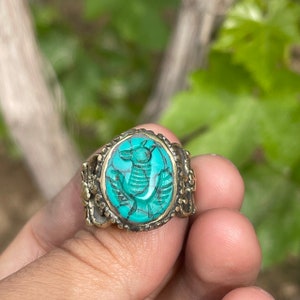 Ancient Bronze Ring: Turquoise Animal Engraving