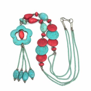 Vintage Turquoise & Coral Stone Bead Necklace: Silver Plated Accents