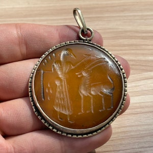 Ancient Near Eastern Agate Pendant: Engraved Brass Setting