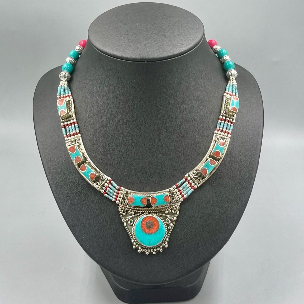 Vintage Tibetan Turquoise Coral Brass Necklace - Etsy