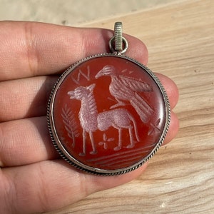 Ancient Agate Stone Pendant: Near Eastern Engraved Animals, Brass Setting
