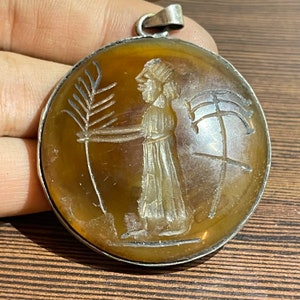 Carnelian Intaglio Pendant: Engraved Queen, Old Brass Setting