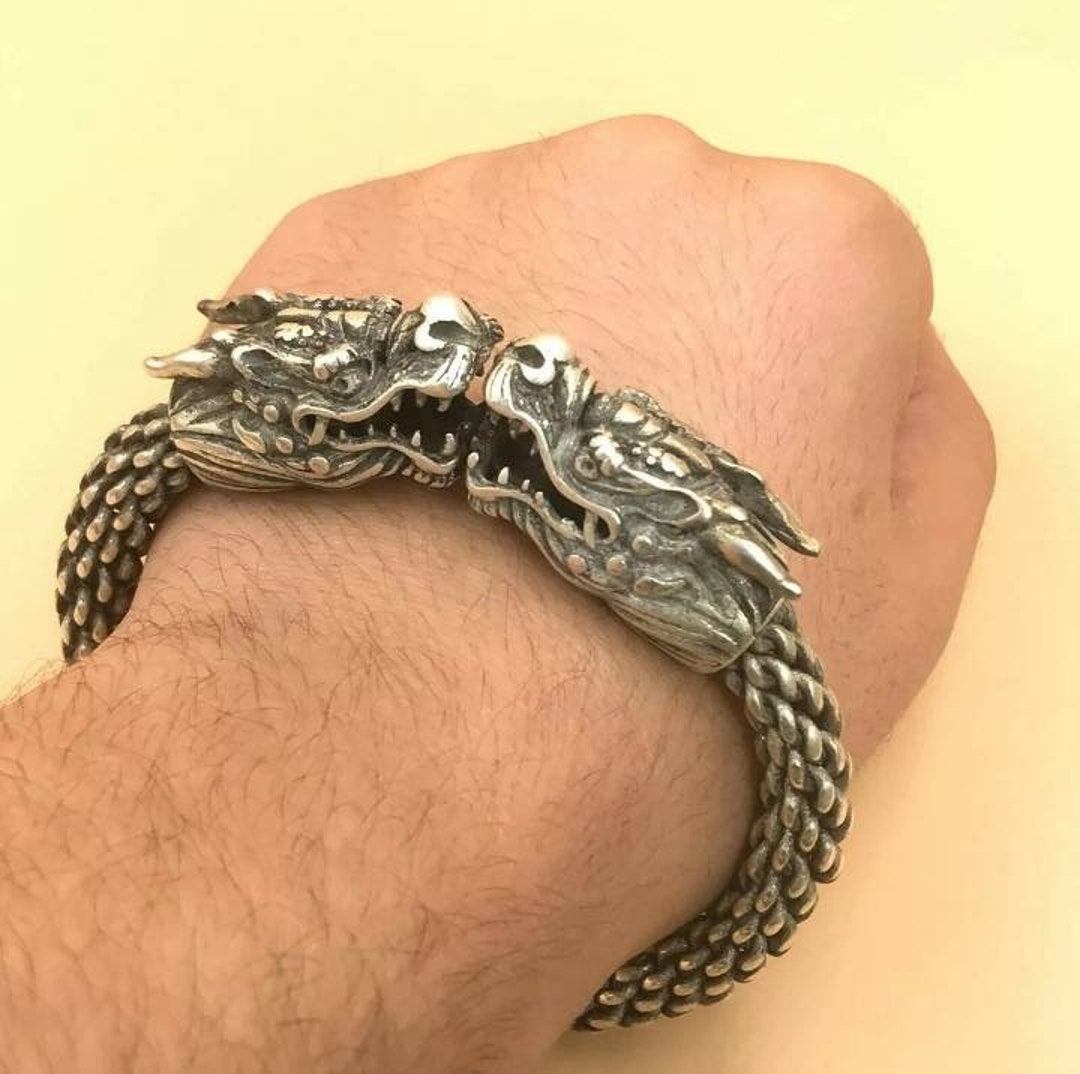 Ancient Old Silver Twisted Vintage Norse Viking 2 Dragon Heads