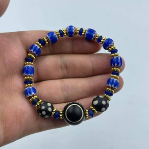 Vintage African Glass Bead Bracelet: Old Blue Skunk Glass, Ancient Tibetan PYU