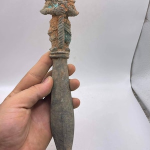Excellent Authentic Ancient Old Roman Bronze Unique Lovely Sword With Amazing Human Standing On Top , Decoration Sword , Gift Sword