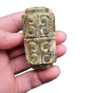 Antique Natural Jade Stone Bead: Rare Engraved Gemstone