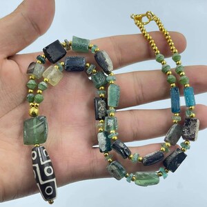 Wonderful Ancient Old Roman Glass Beads And Gold Plated Brass Beads With Rare Ancient 9 Eyes Dzi Bead Unique Necklace