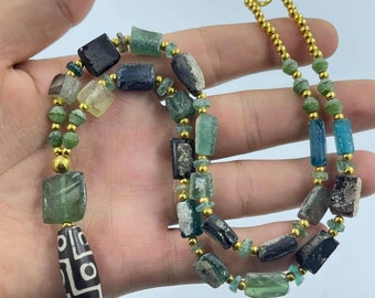 Antike römische Glasperlenkette: Vergoldetes Messing, 9 Augen Dzi Perle