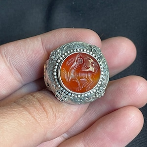 Beautiful Ancient Old Agate Stone Animal Engravings Rare 925 Genuine Solid Silver Ring, Antique Ring,Agate Ring, Afghanistan Ring