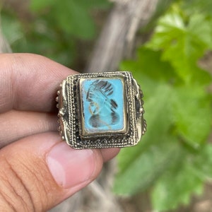 Ancient Turquoise Bronze Ring: Roman King Engraving