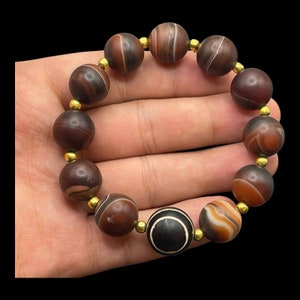 Ancient Old Himalayan Indo Tibetan Agate Stone Beads With Rare Ancient Goat Eye Dzi Bead Bracelet, Yellow Brass Beads Bracelet