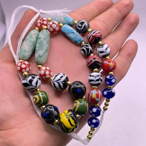 Antique Mosaic Glass Bead Necklace with Turquoise Stone