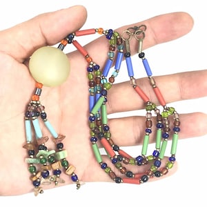 Vintage Multi Color Glass Bead Necklace: Jade Stone & Silver