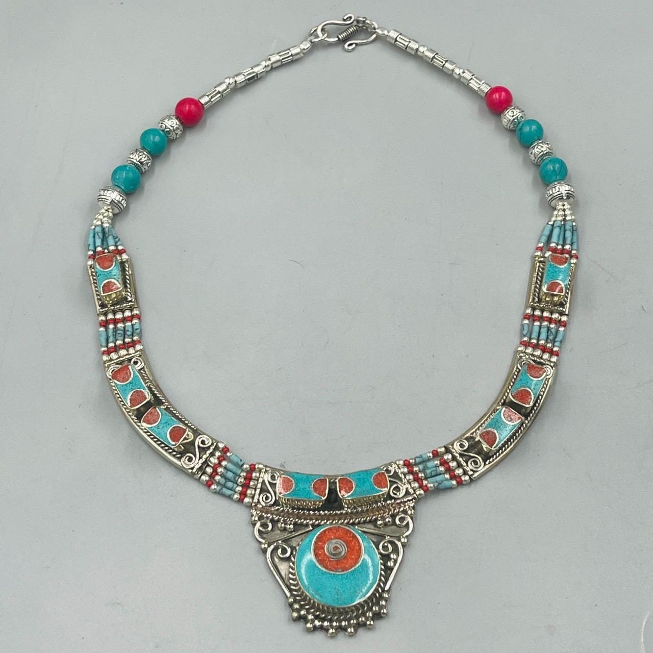 Vintage Tibetan Turquoise Coral Brass Necklace - Etsy
