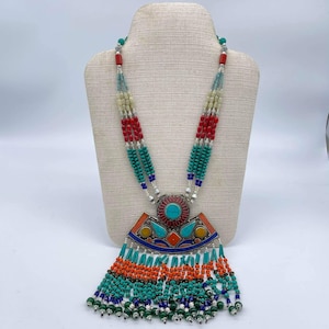 Beautiful Antique Turquoise & Coral Stone Beads With Silver Small Beads Lovely Great Rare Necklace