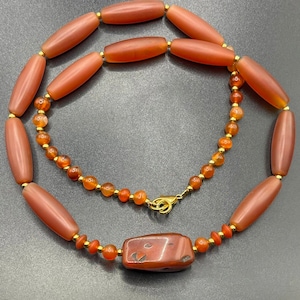 Rare Ancient Himalayan Indo Tibetan Old Genuine Carnelian Agate Stone Beads Necklace