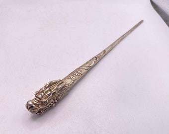 Excellent Vintage Antique Old Chinese Bronze Big Hair Pin With Dragon On Top