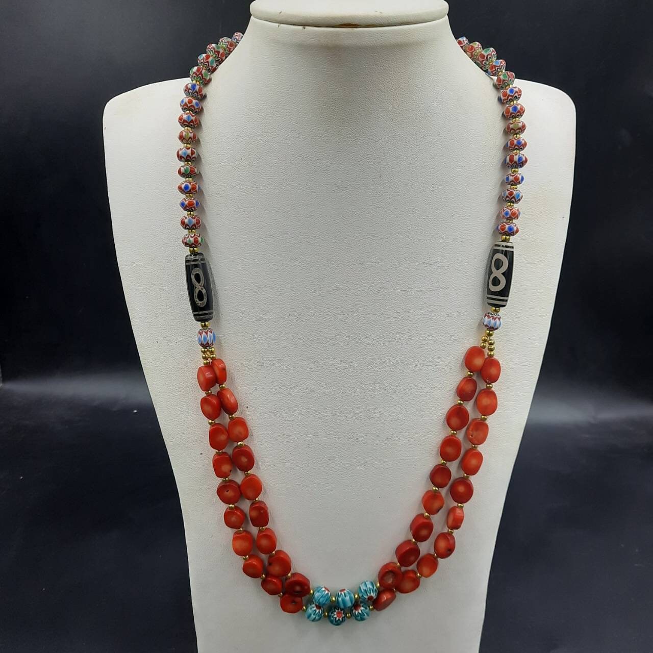 Vintage Venetian Trade Bead Necklace: Red Stone & Dzi Beads