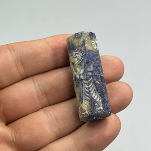 Lovely Ancient Near Eastern Old Lapis Lazuli Stone Beautifully Carved Rare Cylinder Seal Bead With Impression, Authentic Cylinder Bead
