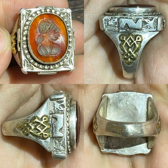 Antique Solid Silver Agate Intaglio Ring: Engrave… - image 2