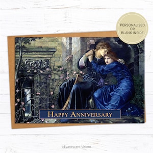 May include: A vintage-style greeting card featuring a painting of a couple embracing in a garden setting. The card has a blue banner at the bottom with the text "Happy Anniversary".