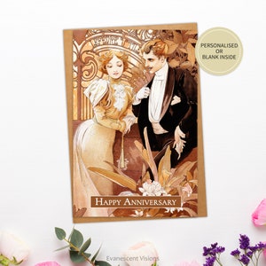 vintage carte d'anniversaire d'art, carte d'amour de couples romantiques, personnalisée ou vierge, Mucha flirt
