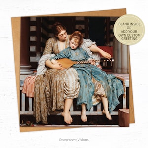 May include: A painting depicting two women, one older and one younger, seated on a bench. The older woman is dressed in a gold and brown gown, instructing the younger woman on how to play a lute. The younger woman is wearing a blue and gold gown. The painting is set in a room with a white tiled floor and a white tiled wall.