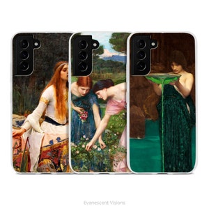 May include: Three phone cases featuring different paintings of women in a forest setting. The first case shows a woman in a white dress with long red hair, the second case shows two women in a forest with flowers, and the third case shows a woman pouring green liquid from a bowl.