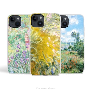 May include: Three phone cases featuring different Impressionist paintings. The first case shows a field of purple flowers with a path leading into the distance. The second case shows a field of yellow wheat with a few pink flowers. The third case shows a field of red poppies with a village in the background.