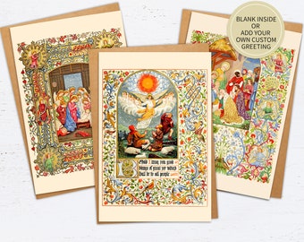 May include: Three Christmas greeting cards with medieval-style illustrations. The cards feature religious scenes with ornate floral borders. One card has the text "BLANK INSIDE OR ADD YOUR OWN CUSTOM GREETING". The cards are on a light background.